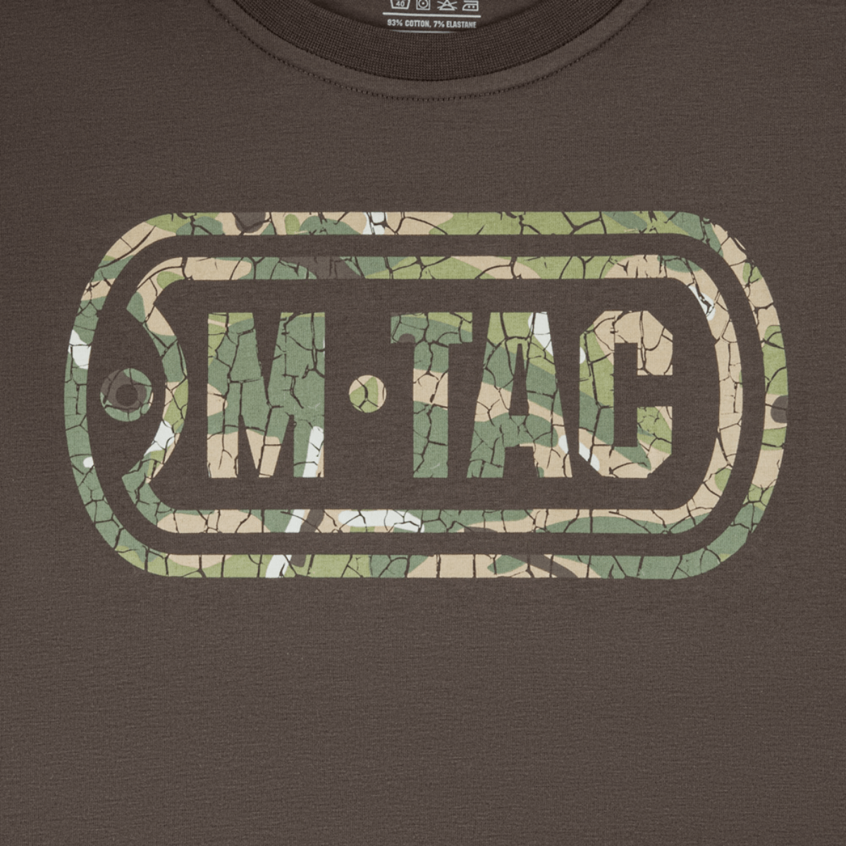 M-Tac T-Shirt Logo Long Sleeve med camouflage mønster, ikonisk M-Tac-logo og slogan "Born by Revolution – Hardened by War".