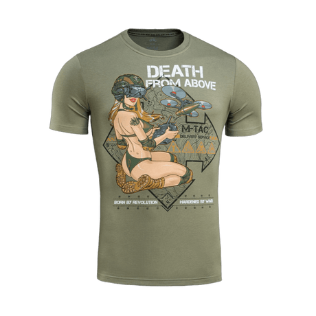 M-Tac T-Shirt Delivery Service med Pin-Up-design og "Death from Above" tekst, inspireret af Anden Verdenskrigs amerikanske kultur.