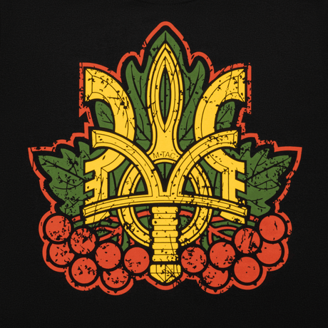 Illustration af Trident og viburnum på M-Tac Viburnum T-Shirt Long Sleeve, symboliserer enhed og mod med rubinrøde bær og moderne design.