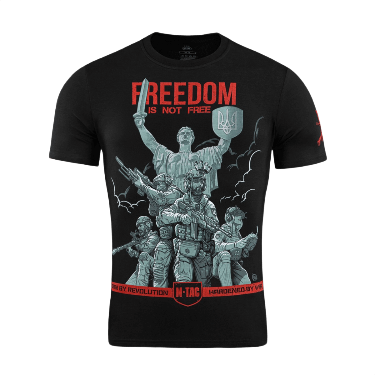M-Tac T-Shirt Freedom med militærpersonel, modstandssymboler, skjold og sværd, fremhæver beslutsomhed og frihed i blød bomuldsblanding.