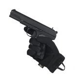 M-Tac Handsker Scout Tactical i sort, med pistol grebet i højre hånd for optimal komfort og beskyttelse under brug.