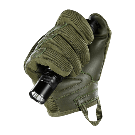 M-Tac Handsker Assault Tactical Mk.2 i grøn med lommelygte, ægte læder og syntetisk indsats for bedre greb og beskyttelse.