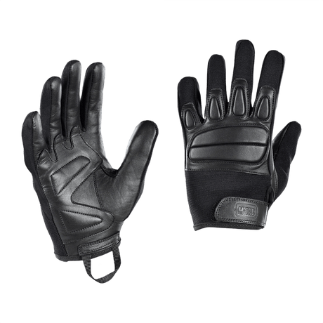 M-Tac Handsker Assault Tactical Mk.2 i sort læder med støddæmpende inserts og justerbar velcro for optimal beskyttelse og pasform.