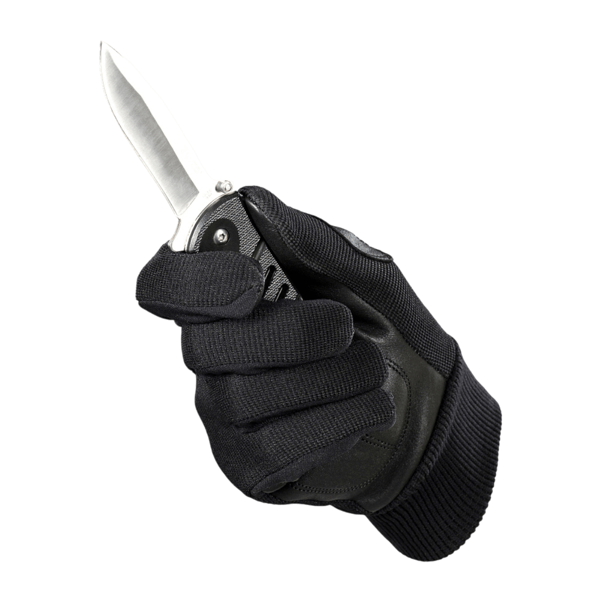 M-Tac Handsker Assault Tactical Mk.8 med taktisk kniv i hånd, designet til politistyrker og sikkerhedsagenter, komfort og fleksibilitet.