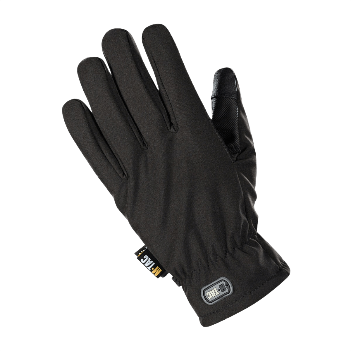 M-Tac Handsker Soft Shell Thinsulate, sorte udendørs handsker med touchscreen-kompatibilitet og læderforstærket håndflade for bedre greb.