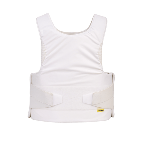 Anorak Niobium® Concealable III Stik & Skudsikker Vest i hvid, set bagfra med sikkerhedsdesign og velcro-lukninger.