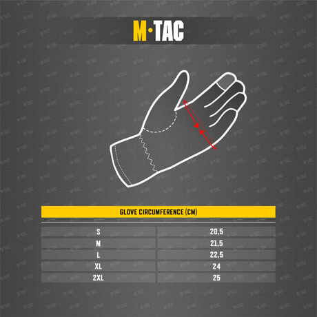 M-Tac Fingerløse Handsker Assault Tactical Mk.4 størrelsesguide og måling for fingerløse handsker i centimeter.