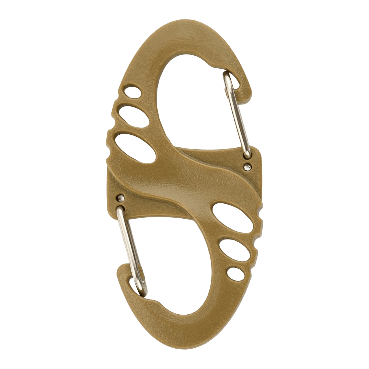 M-Tac Plast S-Krog Karabinhage i brun farve, dobbeltsidet design, ideel til nøgler og let udstyr. Perfekt til daglig brug og EDC-kit.