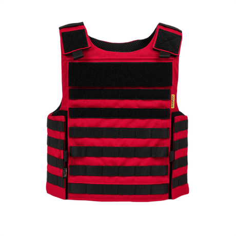 Anorak Niobium® Instructor I Stik & Skudsikker Vest i rød, designet til at beskytte mod skydevåben og knive, med straps og justerbar pasform.