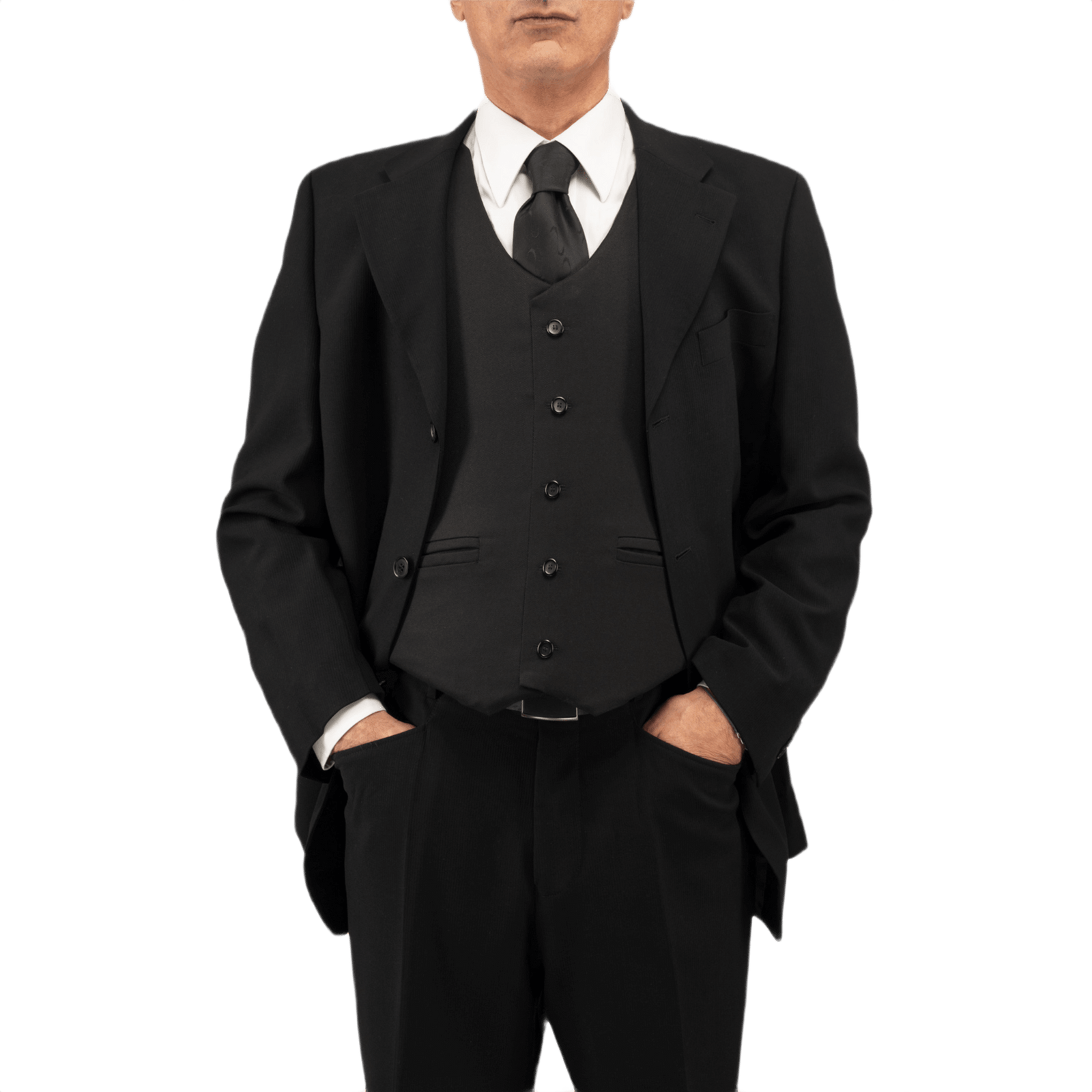 Mand iført sort jakkesæt med Anorak VIP I Cover vest til kropsdækning