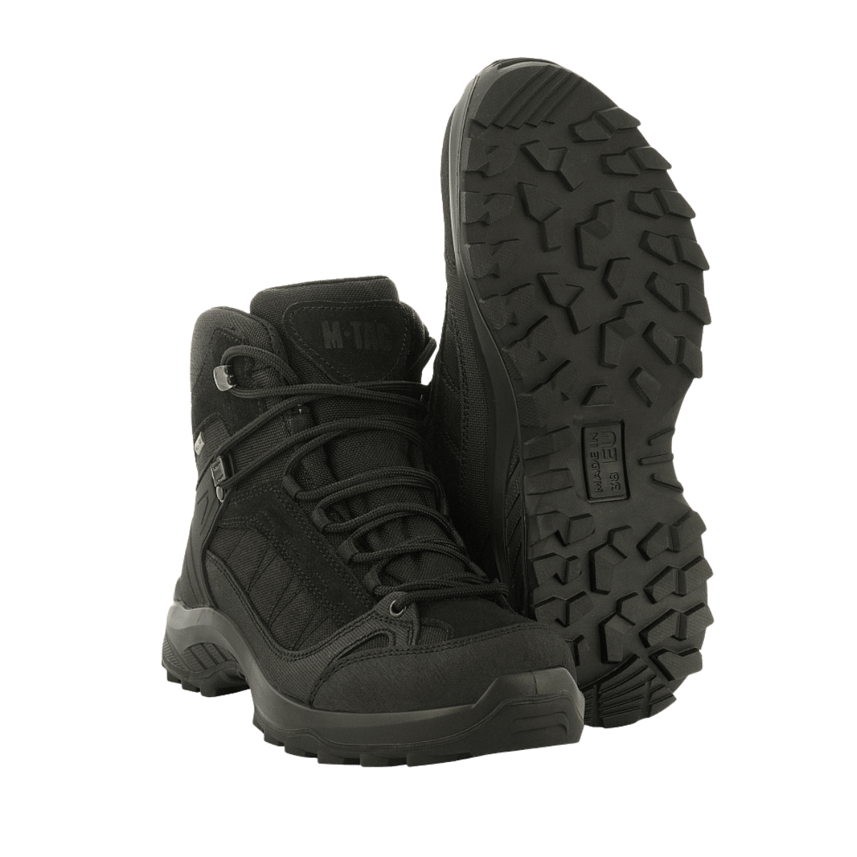 M-Tac Taktiske Sæsonstøvler i sort med skridsikre såler og åndbar overdel, ideel til taktiske opgaver og outdoor-aktiviteter.
