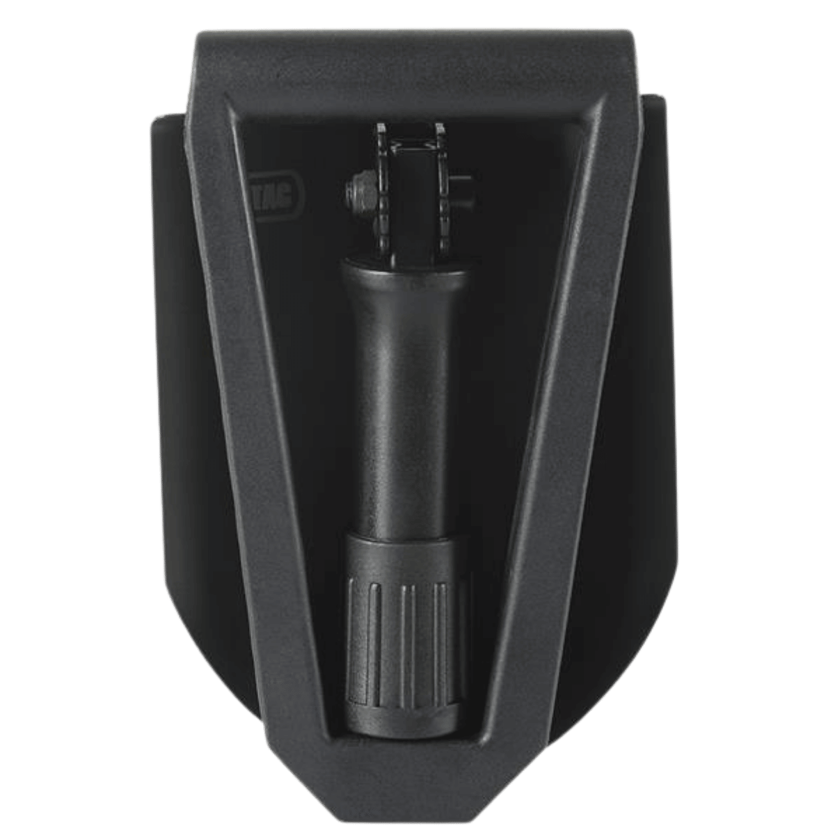 M-Tac Sammenklappelig Skovl med Etui i kompakt foldet position, praktisk til camping og outdoor eventyr.