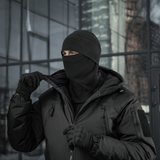 M-Tac Anatomisk Snood Justerbar Elite Fleece (320 g/m²) til koldt vejr, bruges som hue, balaclava eller hjelmliner, sort baggrund