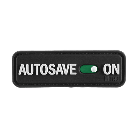 M-Tac Patch Autosave PVC med 3D-design og velcro bagside, sort rektangel med 'Autosave On' tekst, velegnet til taktisk udstyr.