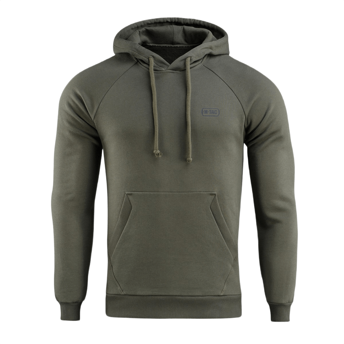 M-Tac Cotton Raglan Hard Hoodie i olivengrøn farve med kængurulomme, ideel til efterår og vinter, 100% bomuld for varme og komfort.