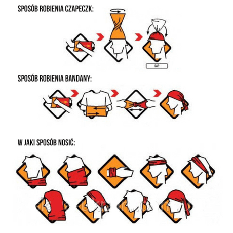 Illustration af forskellige måder at bruge M-Tac Bomuld Tube Scarf som cap, bandana og flere funktioner. Multifunktionelt og pladsbesparende.