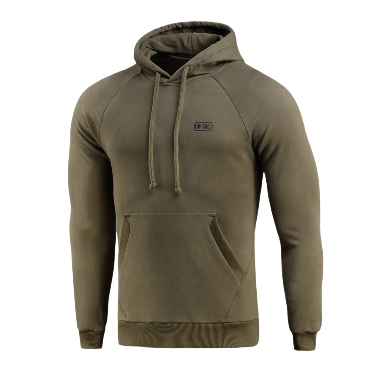 M-Tac Cotton Raglan Hard Hoodie i olivenfarve, 100% bomuld, fleecefor, raglanærmer, kængurulomme, egnet til efterår og vinter.
