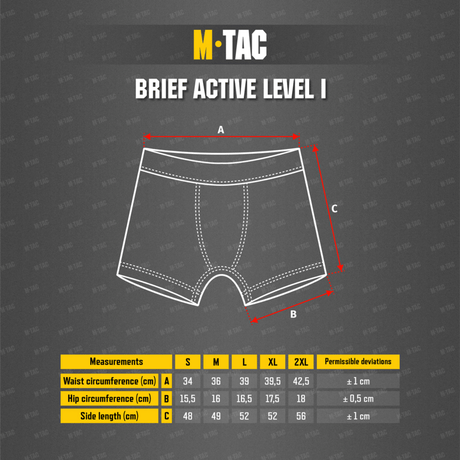 M-Tac Brief Active Level I størrelsesdiagram og mål: Taljemål, hoftemål og sidelængde for S til 2XL.