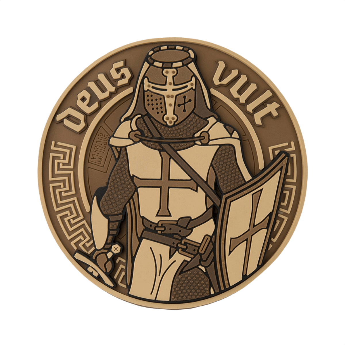 M-Tac Deus Vult 3D PVC Patch i brun med riddermotiv og teksten 'Deus Vult' i 3D-design, ideel til militær og udendørs brug.