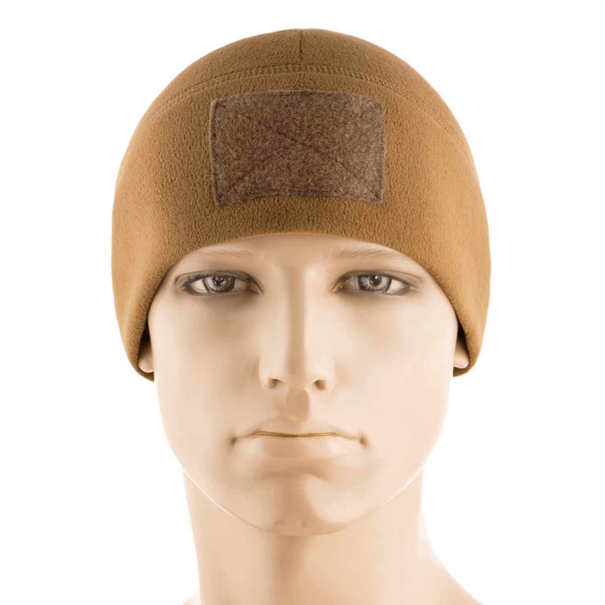 M-Tac Fleece Tactical Watch Cap Beanie m. Patch Panel i brun farve på mannequin, ideel til taktisk brug og udendørs aktiviteter.