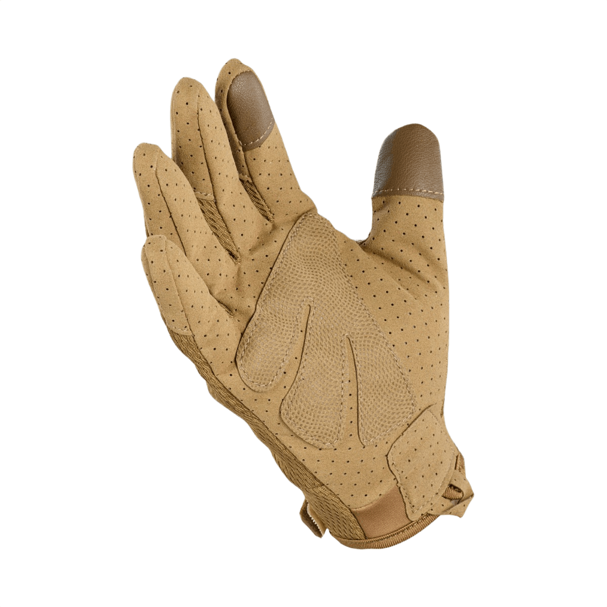 M-Tac Handsker A30 i tan farve, designet til skydning og træning, med touchskærm funktioner og beskyttelse på knoerne.