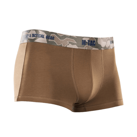 M-Tac Herre Boxer 93/7 i brun med camouflage elastik, anatomisk pasform, 93% bomuld, 7% elastan, velegnet til aktiv livsstil.