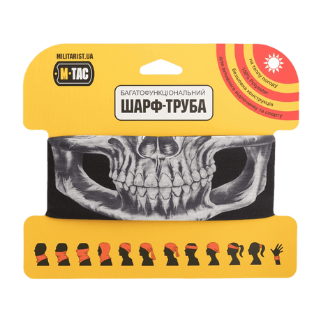 M-Tac Let Tubehalstørklæde Reaper Skull i emballage med skalleprint, multifunktionelt til airsoft, cykling og vandreture.