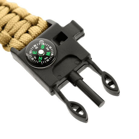M-Tac Paracord Armbånd med Ildstarter, Kompas og Fløjte i beige med sort spænde og kompasdetalje.