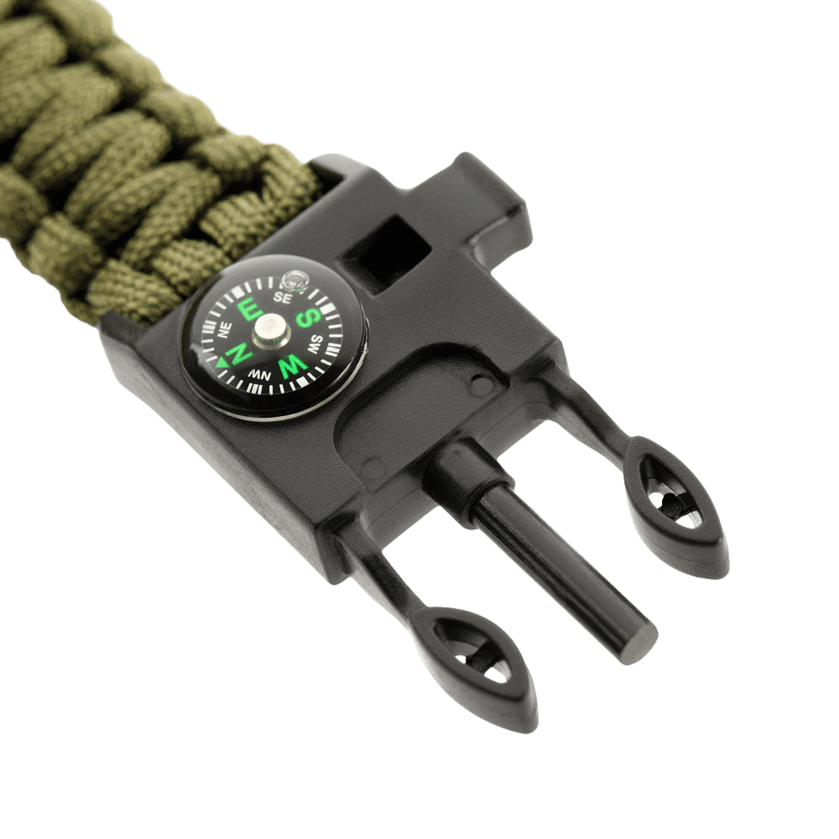 M-Tac Paracord Armbånd med Ildstarter, Kompas og Fløjte i grøn farve med nøglefunktioner, perfekt til friluftsliv og overlevelse.