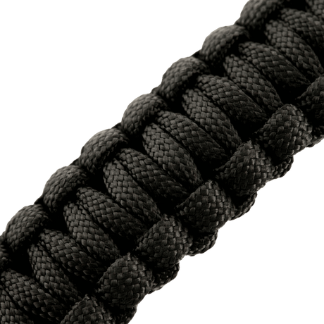 M-Tac Paracord Armbånd med Ildstarter, Kompas og Fløjte i sort tæt vævet design til overlevelse og friluftsliv.