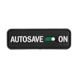 M-Tac Patch Autosave PVC med 3D-design og velcro bagside, sort rektangel med 'Autosave On' tekst, velegnet til taktisk udstyr.