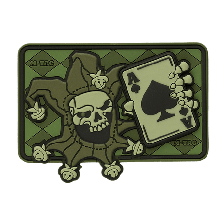 M-Tac Patch Joker Skull 3D PVC med joker og es i dødskort design, taktisk morale patch i PVC med velcro, 78 x 55 mm.