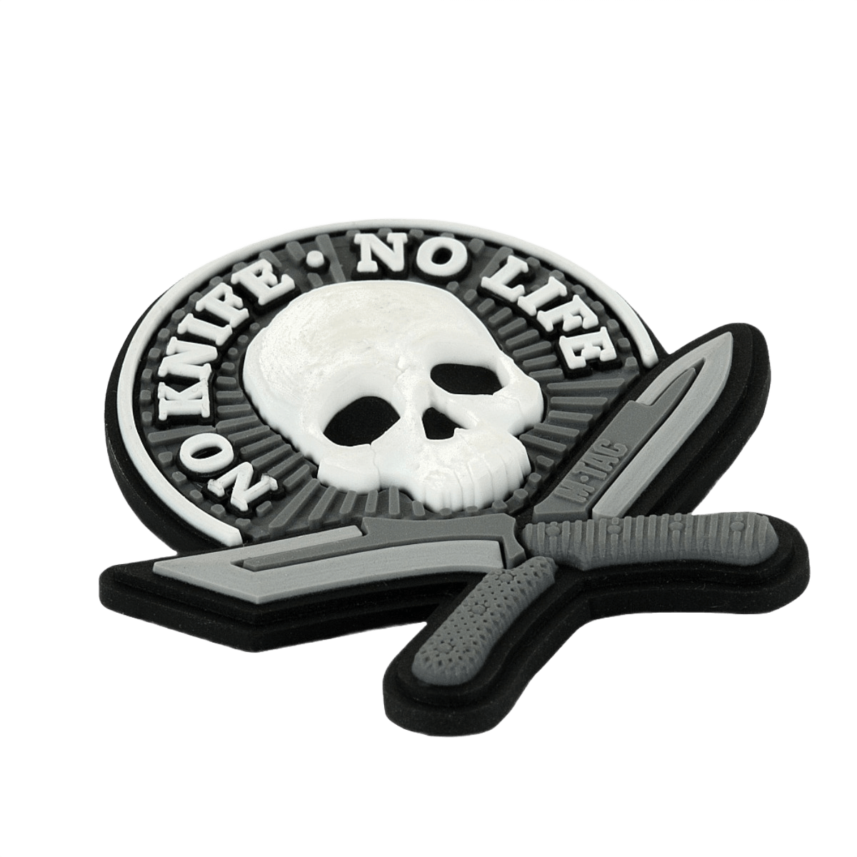 M-Tac Patch No Knife – No Life 3D PVC morale patch med kranie og knive, velcro bagside, 50x50 mm, taktisk udstyr.