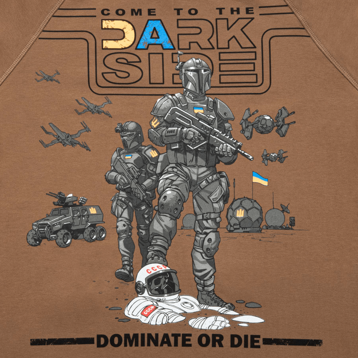 Illustration on M-Tac Raglan T-Shirt UA Side with soldiers, spacecraft, and the phrase 'Come to the Dark Side, Dominate or Die'.