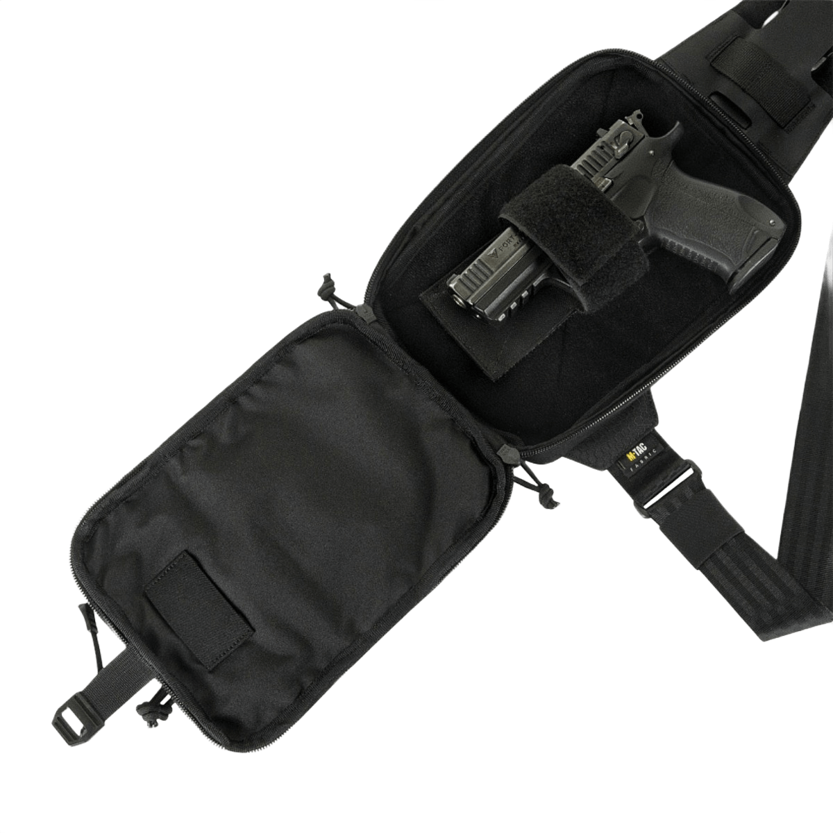 M-Tac Sling Pistol Taske Elite Hex med Velcro åbnet med pistol indeni, justerbar skulderrem og robust materiale.