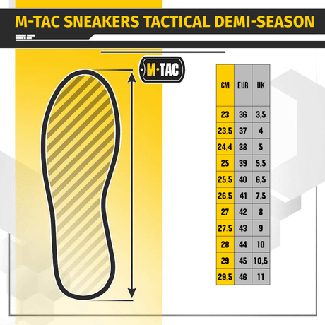 Størrelsesguide for Tactical Sneakers Demi-Season – Let og komfortabel fra M-Tac, vist i CM, EUR og UK skostørrelser.