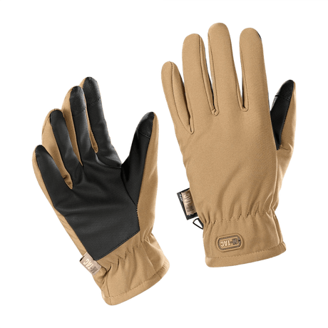 M-Tac Handsker Soft Shell Thinsulate til udendørs aktiviteter med forstærket læderhåndflade og touchscreen-funktion i brun farve.