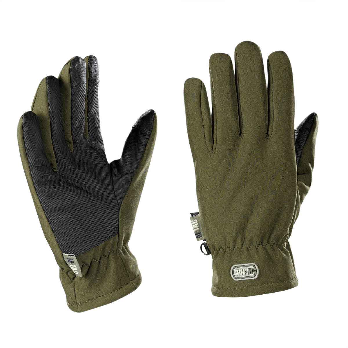 M-Tac Handsker Soft Shell Thinsulate i olivengrøn med forstærket håndflade og touchscreen-funktion til udendørs aktiviteter.