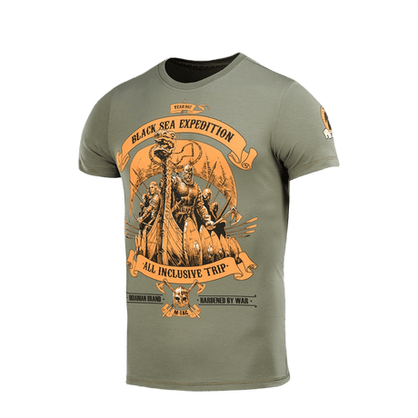 M-Tac T-shirt Black Sea Expedition grå med print, lavet af bomuld og elastan, ideel til aktive livsstile som jagt og turisme.