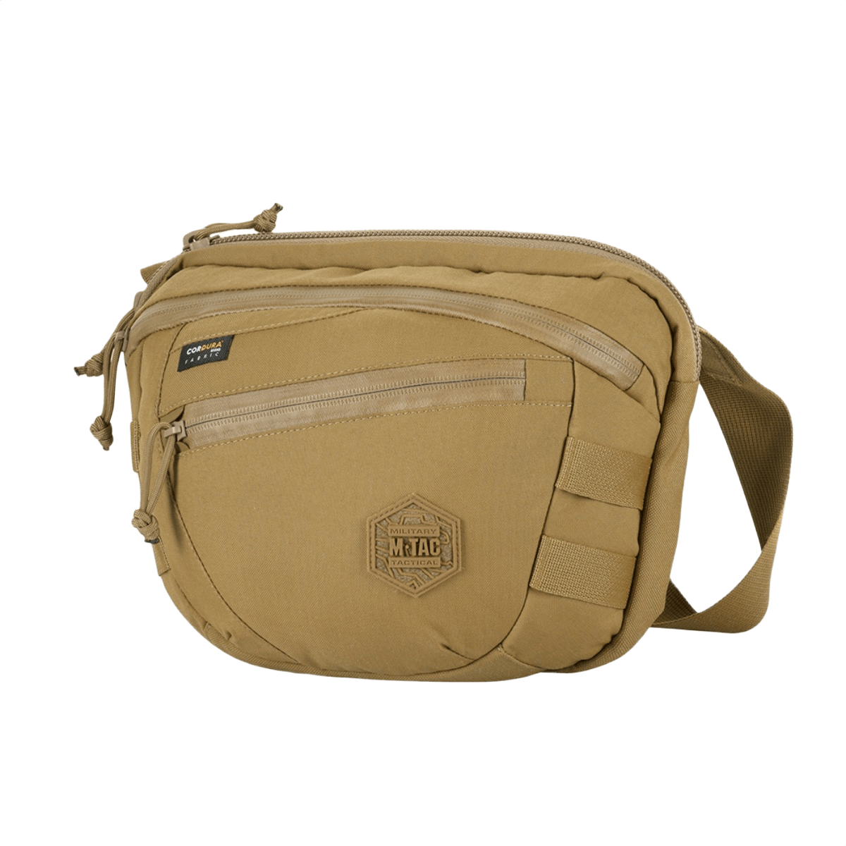 M-Tac Sphaera Hardsling Bag Large Elite med Velcro i beige Cordura materiale, kompakt design med justerbar skulderrem og front Velcro-panel.