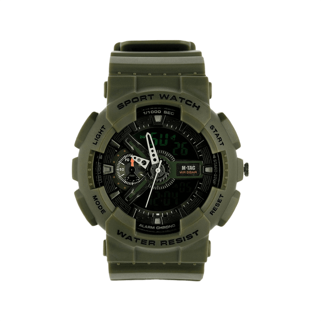 M‑Tac Sport Ur i robust polycarbonat med sort silikonerem, stopur, alarm, LED-baggrundsbelysning og vandafvisende funktionalitet.