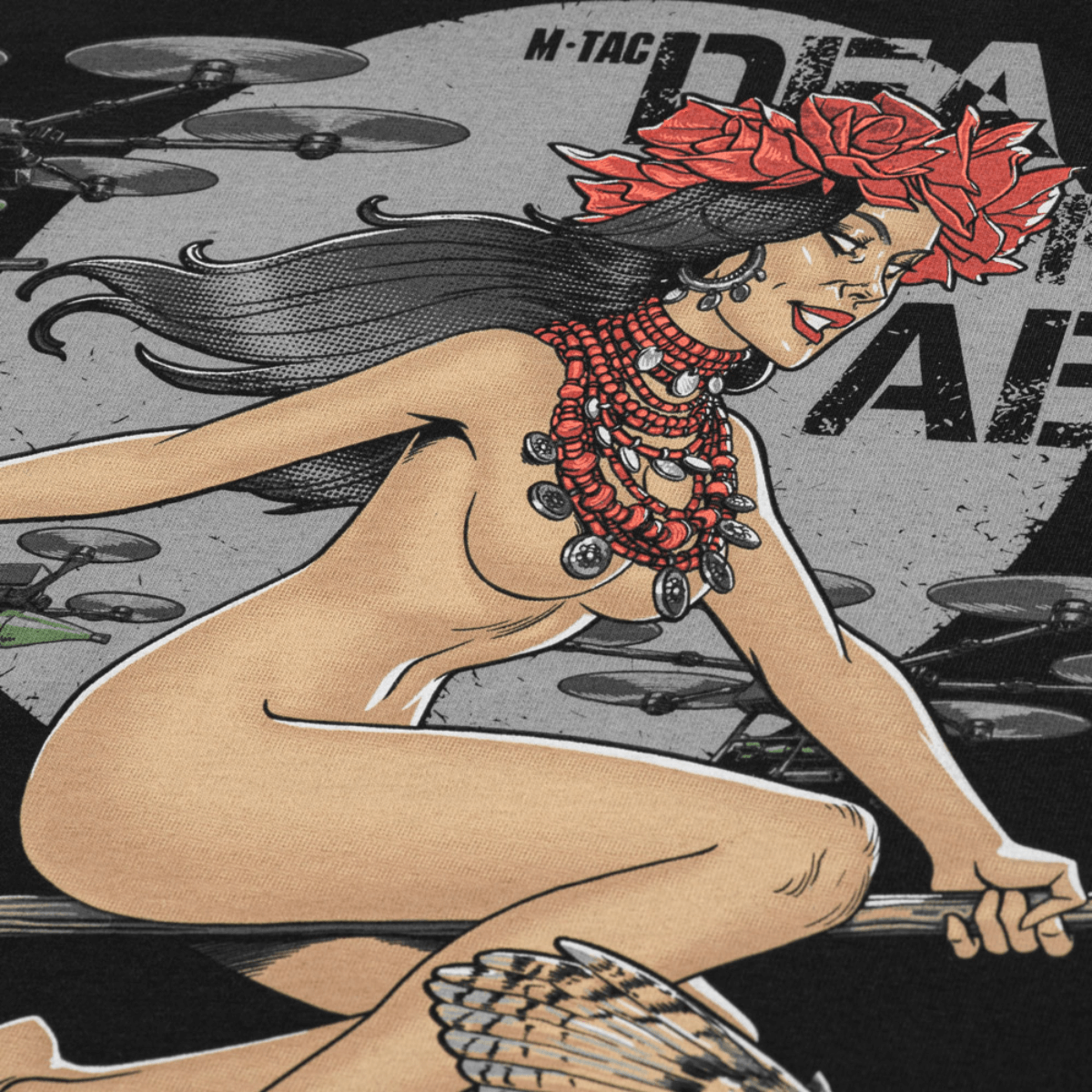 M-Tac T-Shirt Death From Above med heks på kost og droner, viser ukrainsk folklore og militært tema, trykt på komfortabel bomuld.