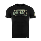 M-Tac T-Shirt Logo med camouflage og ikonisk branddesign, slogan på ærmet "Born by Revolution – Hardened by War".