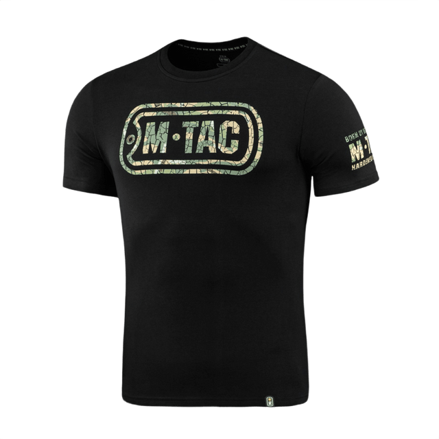 M-Tac T-Shirt Logo med camouflageprint og slogan "Born by Revolution – Hardened by War" på sort baggrund