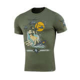 M-Tac T-Shirt Surf Club - grøn t-shirt med surfende soldat og helikoptere, inspireret af krigsfilm og specialoperationer, premium print