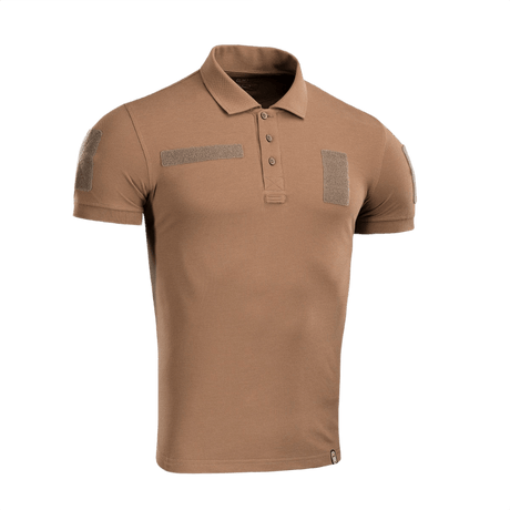 M-Tac Tactical Polo Shirt 65/35 i brun med velcro-paneler til sikkerhedsarbejde, lavet af bomuld-polyester for komfort og holdbarhed.