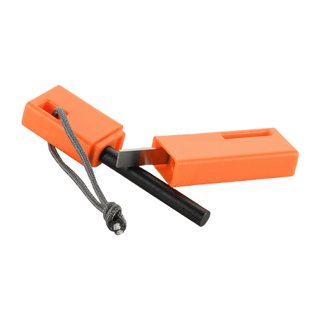 M-Tac Tændstål i orange magnesiumlegering, perfekt til camping og outdoor, producerer gnister ved 3000 °C med stål-tænder.