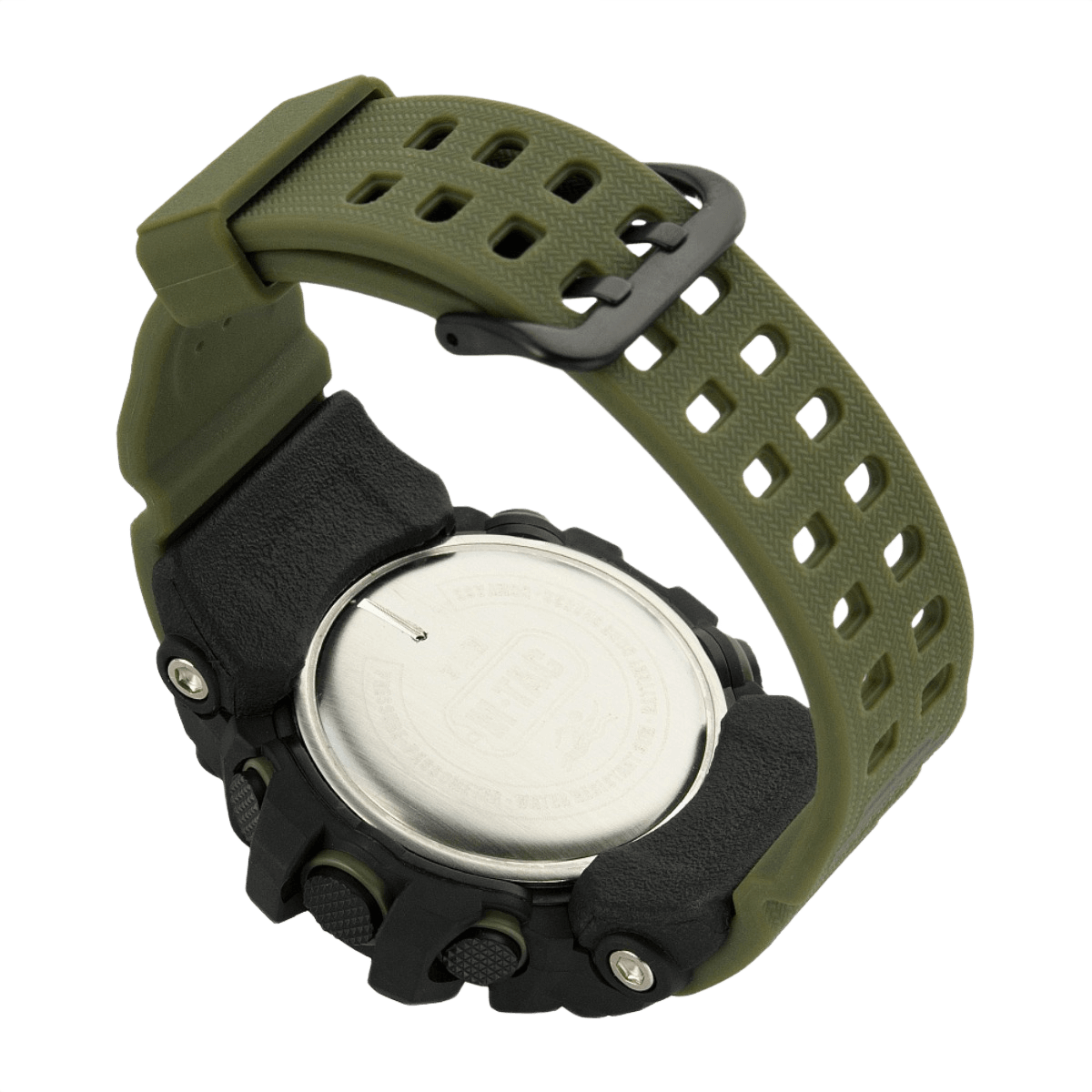 M‑Tac Taktisk Adventure Ur med robust grøn urrem og rustfri stålkant, ideel til outdoor og militærbrug, set fra bagsiden.