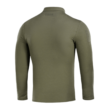 M-Tac Tactical Polo Shirt Langærmet 65/35, bagfra, grøn, designet til politi og sikkerhedspersonale, viser ærmer med velcro-paneler.
