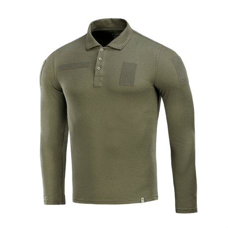 M-Tac Tactical Polo Shirt Langærmet 65/35 i grøn, designet til politi og sikkerhedspersonale med Velcro-paneler til patches og ID.
